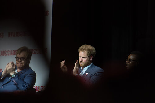 21st International AIDS Conference (AIDS 2016), Durban, South Africa. Photo shows: Ending AIDS with the Voices of Youth. Panel discussion (L-R) Kgomotso Matsuanyane, Elton John, HRH Prince Harry, Loyce Maturu, Carlo Andre Oliveras Rodriguez, Brian Ssensalire. Photo©International AIDS Society/Marcus Rose
