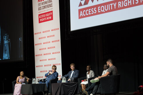 21st International AIDS Conference (AIDS 2016), Durban, South Africa. Photo shows: Ending AIDS with the Voices of Youth. Panel discussion (L-R) Kgomotso Matsuanyane, Elton John, HRH Prince Harry, Loyce Maturu, Brian Ssensalire, Carlo Andre Oliveras Rodriguez. Photo©International AIDS Society/Marcus Rose