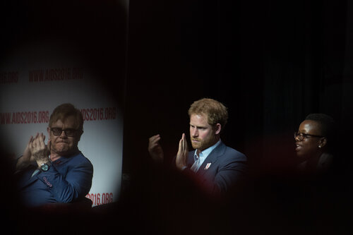 21st International AIDS Conference (AIDS 2016), Durban, South Africa. Photo shows: Ending AIDS with the Voices of Youth. Panel discussion (L-R) Kgomotso Matsuanyane, Elton John, HRH Prince Harry, Loyce Maturu, Carlo Andre Oliveras Rodriguez, Brian Ssensalire. Photo©International AIDS Society/Marcus Rose
