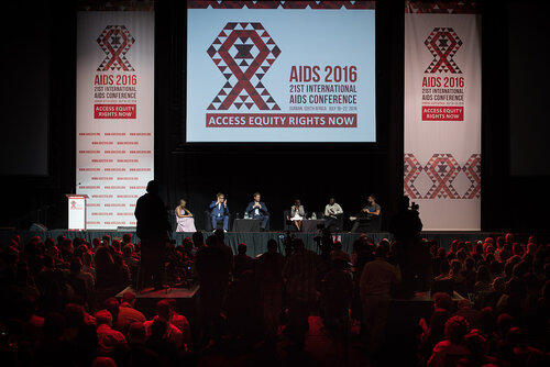 21st International AIDS Conference (AIDS 2016), Durban, South Africa. Photo shows: Ending AIDS with the Voices of Youth. Panel discussion (L-R) Kgomotso Matsuanyane, Elton John, HRH Prince Harry, Loyce Maturu, Brian Ssensalire, Carlo Andre Oliveras Rodriguez. Photo©International AIDS Society/Marcus Rose