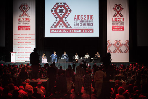21st International AIDS Conference (AIDS 2016), Durban, South Africa. Photo shows: Ending AIDS with the Voices of Youth. Panel discussion (L-R) Kgomotso Matsuanyane, Elton John, HRH Prince Harry, Loyce Maturu, Brian Ssensalire, Carlo Andre Oliveras Rodriguez. Photo©International AIDS Society/Marcus Rose