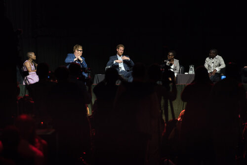 21st International AIDS Conference (AIDS 2016), Durban, South Africa. Photo shows: Ending AIDS with the Voices of Youth. Panel discussion (L-R) Kgomotso Matsuanyane, Elton John, HRH Prince Harry, Loyce Maturu, Brian Ssensalire. Photo©International AIDS Society/Marcus Rose