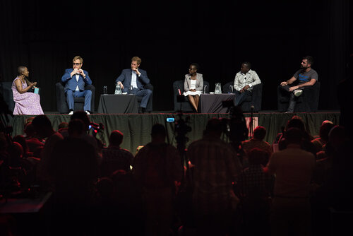 21st International AIDS Conference (AIDS 2016), Durban, South Africa. Photo shows: Ending AIDS with the Voices of Youth. Panel discussion (L-R) Kgomotso Matsuanyane, Elton John, HRH Prince Harry, Loyce Maturu, Brian Ssensalire, Carlo Andre Oliveras Rodriguez. Photo©International AIDS Society/Marcus Rose