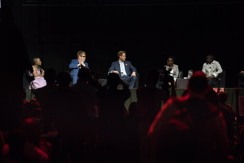 21st International AIDS Conference (AIDS 2016), Durban, South Africa. Photo shows: Ending AIDS with the Voices of Youth. Panel discussion (L-R) Kgomotso Matsuanyane, Elton John, HRH Prince Harry, Loyce Maturu, Brian Ssensalire. Photo©International AIDS Society/Marcus Rose