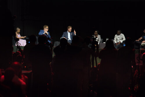 21st International AIDS Conference (AIDS 2016), Durban, South Africa. Photo shows: Ending AIDS with the Voices of Youth. Panel discussion (L-R) Kgomotso Matsuanyane, Elton John, HRH Prince Harry, Loyce Maturu, Brian Ssensalire, Carlo Andre Oliveras Rodriguez. Photo©International AIDS Society/Marcus Rose