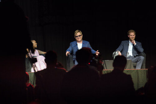 21st International AIDS Conference (AIDS 2016), Durban, South Africa. Photo shows: Ending AIDS with the Voices of Youth. Panel discussion (L-R) Kgomotso Matsuanyane, Elton John, HRH Prince Harry. Photo©International AIDS Society/Marcus Rose