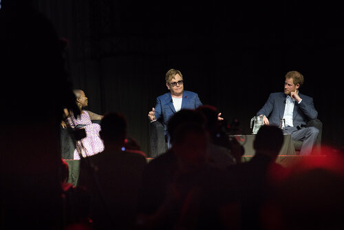 21st International AIDS Conference (AIDS 2016), Durban, South Africa. Photo shows: Ending AIDS with the Voices of Youth. Panel discussion (L-R) Kgomotso Matsuanyane, Elton John, HRH Prince Harry. Photo©International AIDS Society/Marcus Rose