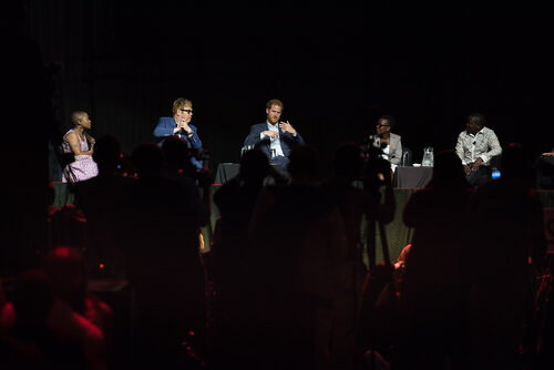 21st International AIDS Conference (AIDS 2016), Durban, South Africa. Photo shows: Ending AIDS with the Voices of Youth. Panel discussion (L-R) Kgomotso Matsuanyane, Elton John, HRH Prince Harry, Loyce Maturu, Brian Ssensalire. Photo©International AIDS Society/Marcus Rose