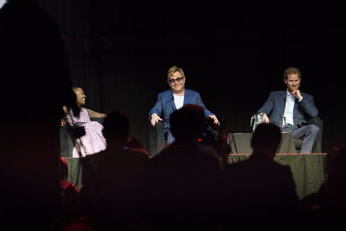 21st International AIDS Conference (AIDS 2016), Durban, South Africa. Photo shows: Ending AIDS with the Voices of Youth. Panel discussion (L-R) Kgomotso Matsuanyane, Elton John, HRH Prince Harry. Photo©International AIDS Society/Marcus Rose