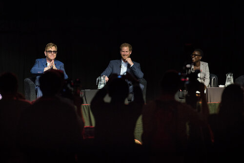21st International AIDS Conference (AIDS 2016), Durban, South Africa. Photo shows: Ending AIDS with the Voices of Youth. Panel discussion (L-R) Elton John, HRH Prince Harry, Loyce Maturu. Photo©International AIDS Society/Marcus Rose