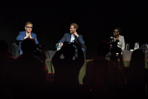 21st International AIDS Conference (AIDS 2016), Durban, South Africa. Photo shows: Ending AIDS with the Voices of Youth. Panel discussion (L-R) Elton John, HRH Prince Harry, Loyce Maturu. Photo©International AIDS Society/Marcus Rose