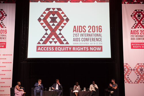 21st International AIDS Conference (AIDS 2016), Durban, South Africa. Photo shows: Ending AIDS with the Voices of Youth. Panel discussion (L-R) Kgomotso Matsuanyane, Elton John, HRH Prince Harry, Loyce Maturu, Brian Ssensalire, Carlo Andre Oliveras Rodriguez. Photo©International AIDS Society/Marcus Rose