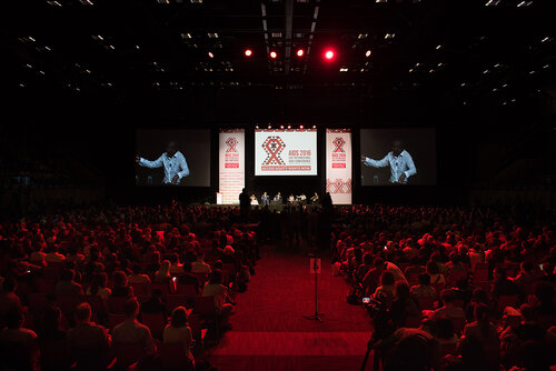 21st International AIDS Conference (AIDS 2016), Durban, South Africa. Photo shows: Ending AIDS with the Voices of Youth. Panel discussion (L-R) Kgomotso Matsuanyane, Elton John, HRH Prince Harry, Loyce Maturu, Brian Ssensalire, Carlo Andre Oliveras Rodriguez. Photo©International AIDS Society/Marcus Rose