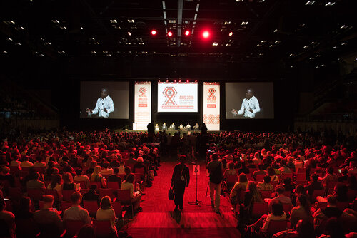 21st International AIDS Conference (AIDS 2016), Durban, South Africa. Photo shows: Ending AIDS with the Voices of Youth. Panel discussion (L-R) Kgomotso Matsuanyane, Elton John, HRH Prince Harry, Loyce Maturu, Brian Ssensalire, Carlo Andre Oliveras Rodriguez. Photo©International AIDS Society/Marcus Rose