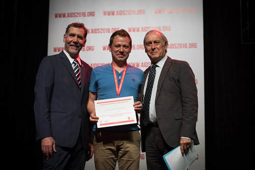 21st International AIDS Conference (AIDS 2016), Durban, South Africa. Photo shows: Award Presentation: Lange/van Tongeren Prizes for Young Investigators. (L-R) Chris Beyrer, Jacques Dutreiux, Jean Francois Delfraissy. Photo©International AIDS Society/Marcus Rose