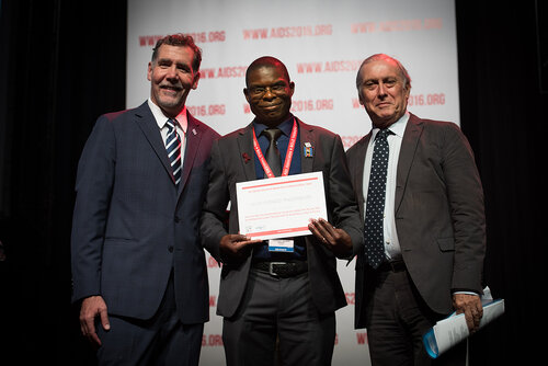 21st International AIDS Conference (AIDS 2016), Durban, South Africa. Photo shows: Award Presentation: Lange/van Tongeren Prizes for Young Investigators. (L-R) Chris Beyrer, Munyaradzi Pasipamire, Jean Francois Delfraissy. Photo©International AIDS Society/Marcus Rose