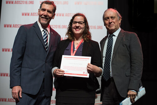 21st International AIDS Conference (AIDS 2016), Durban, South Africa. Photo shows: Award Presentation: Lange/van Tongeren Prizes for Young Investigators. (L-R) Chris Beyrer, Leigh Bukowski, Jean Francois Delfraissy. Photo©International AIDS Society/Marcus Rose