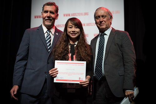 21st International AIDS Conference (AIDS 2016), Durban, South Africa. Photo shows: Award Presentation: Lange/van Tongeren Prizes for Young Investigators. (L-R) Chris Beyrer, Tianyu He, Jean Francois Delfraissy. Photo©International AIDS Society/Marcus Rose