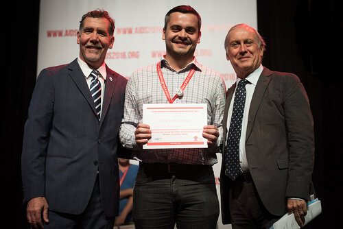 21st International AIDS Conference (AIDS 2016), Durban, South Africa. Photo shows: Award Presentation: Lange/van Tongeren Prizes for Young Investigators. (L-R) Chris Beyrer, Jose Luis Gomez, Jean Francois Delfraissy. Photo©International AIDS Society/Marcus Rose