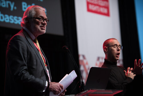 21st International AIDS Conference (AIDS 2016), Durban, South Africa. Photo shows: Plenary Session. What are the key barriers? CO-Chair: Lennarth Hjelmaker. Photo©International AIDS Society/Marcus Rose