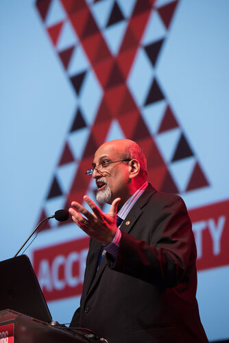 21st International AIDS Conference (AIDS 2016), Durban, South Africa. Photo shows: Plenary Session. What are the key barriers? Co-Chair: Salim Abdool Karim. Photo©International AIDS Society/Marcus Rose