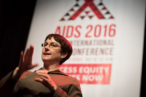 21st International AIDS Conference (AIDS 2016), Durban, South Africa. Photo shows: Plenary Session. What are the key barriers?Signer on stage. Photo©International AIDS Society/Marcus Rose