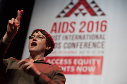 21st International AIDS Conference (AIDS 2016), Durban, South Africa. Photo shows: Plenary Session. What are the key barriers?Signer on stage. Photo©International AIDS Society/Marcus Rose