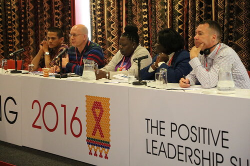 21st International AIDS Conference (AIDS 2016), Durban, South Africa.
Edo Agustian, Ron Macinnis, Lillian Mworeko, Annie Banda and Andrew Seale
The Positive Leadership Summit  - Breakout Sessions Room MR22
Photo©International AIDS Society/Abhi Indrarajan