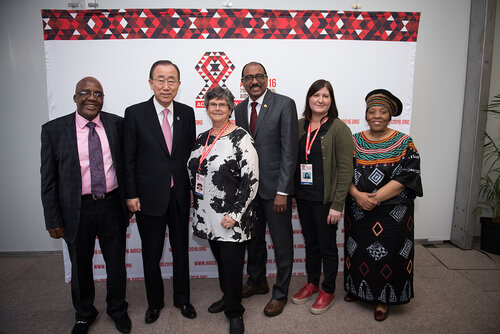 21st International AIDS Conference (AIDS 2016), Durban, South Africa. Photo shows: UNDP Press Conference. (L-R) Aaron Motsoaledi, Ban Ki-moon, Ruth Dreifuss, Michel Sidibe, Lorena Di Giano, Malebona Precious Matsoso. Photo©International AIDS Society/Marcus Rose