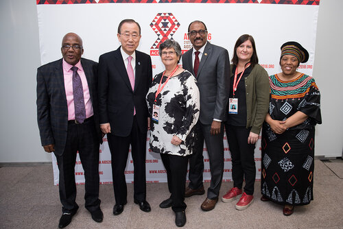 21st International AIDS Conference (AIDS 2016), Durban, South Africa. Photo shows: UNDP Press Conference. (L-R) Aaron Motsoaledi, Ban Ki-moon, Ruth Dreifuss, Michel Sidibe, Lorena Di Giano, Malebona Precious Matsoso. Photo©International AIDS Society/Marcus Rose