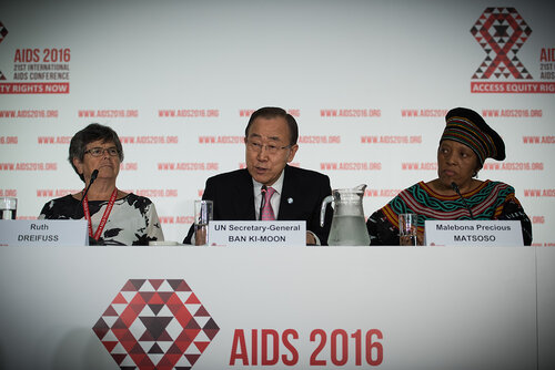21st International AIDS Conference (AIDS 2016), Durban, South Africa. Photo shows: UNDP Press Conference. (L-R) Ruth Dreifuss, Ban Ki-moon, Malebona Precious Matsoso. Photo©International AIDS Society/Marcus Rose
