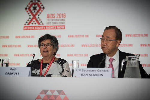 21st International AIDS Conference (AIDS 2016), Durban, South Africa. Photo shows: UNDP Press Conference. Ruth Dreifuss and Ban Ki-moon. Photo©International AIDS Society/Marcus Rose
