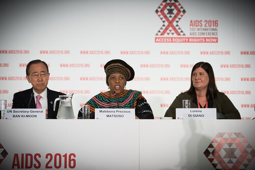 21st International AIDS Conference (AIDS 2016), Durban, South Africa. Photo shows: UNDP Press Conference. (L-R) Ban Ki-moon, Malebona Precious Matsoso, Lorena Di Giano. Photo©International AIDS Society/Marcus Rose