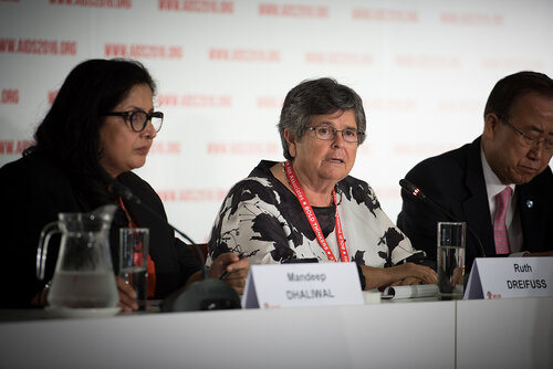 21st International AIDS Conference (AIDS 2016), Durban, South Africa. Photo shows: UNDP Press Conference. (L-R) Mandeep Dhaliwal, Ruth Dreifuss, Ban Ki-moon. Photo©International AIDS Society/Marcus Rose