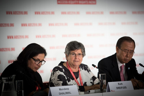 21st International AIDS Conference (AIDS 2016), Durban, South Africa. Photo shows: UNDP Press Conference. (L-R) Mandeep Dhaliwal, Ruth Dreifuss, Ban Ki-moon. Photo©International AIDS Society/Marcus Rose