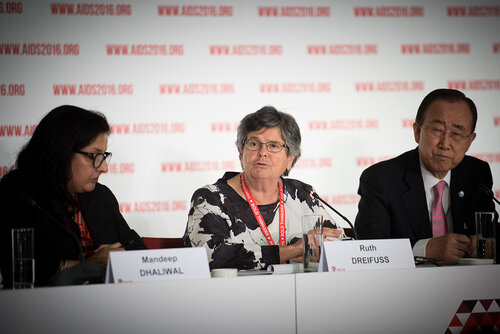 21st International AIDS Conference (AIDS 2016), Durban, South Africa. Photo shows: UNDP Press Conference. (L-R) Mandeep Dhaliwal, Ruth Dreifuss, Ban Ki-moon. Photo©International AIDS Society/Marcus Rose