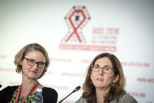 21st International AIDS Conference (AIDS 2016), Durban, South Africa.
Photo shows HIV Prevention and Treatment among Women and Girls" Press Conference.
From left to right: Lynda Stranix-Chibanda, Pediatrician and Lecturer, University of Zimbabwe-University of California San Francisco Collaborative and Judith Currier, Professor of Medicine and Division Chief, Infectious, University of California, Los Angeles (UCLA) and Associate Director, UCLA Clinical AIDS Research and Education (CARE) Center.
Photo©International AIDS Society/Steve Forrest/Workers' Photos