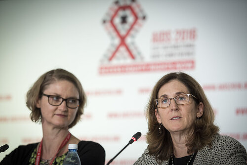 21st International AIDS Conference (AIDS 2016), Durban, South Africa.
Photo shows HIV Prevention and Treatment among Women and Girls" Press Conference.
From left to right: Lynda Stranix-Chibanda, Pediatrician and Lecturer, University of Zimbabwe-University of California San Francisco Collaborative and Judith Currier, Professor of Medicine and Division Chief, Infectious, University of California, Los Angeles (UCLA) and Associate Director, UCLA Clinical AIDS Research and Education (CARE) Center.
Photo©International AIDS Society/Steve Forrest/Workers' Photos