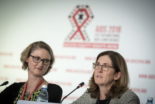 21st International AIDS Conference (AIDS 2016), Durban, South Africa.
Photo shows HIV Prevention and Treatment among Women and Girls" Press Conference.
From left to right: Lynda Stranix-Chibanda, Pediatrician and Lecturer, University of Zimbabwe-University of California San Francisco Collaborative and Judith Currier, Professor of Medicine and Division Chief, Infectious, University of California, Los Angeles (UCLA) and Associate Director, UCLA Clinical AIDS Research and Education (CARE) Center.
Photo©International AIDS Society/Steve Forrest/Workers' Photos