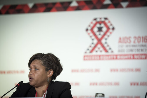 21st International AIDS Conference (AIDS 2016), Durban, South Africa.
Photo shows HIV Prevention and Treatment among Women and Girls" Press Conference.
From left to right: Kimberly Smith, Vice President for Global Medical Strategy and Head of Research and Development, ViiV Healthcare.
Photo©International AIDS Society/Steve Forrest/Workers' Photos