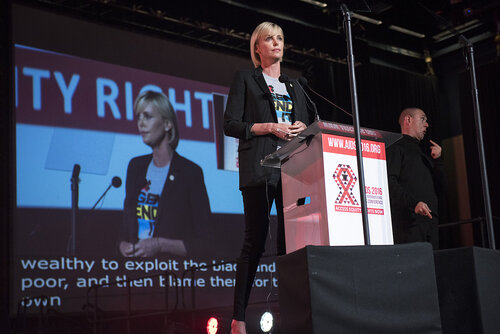 21st International AIDS Conference (AIDS 2016), Durban, South Africa.
Photo shows Charlize Theron, from the Charlize Theron Outreach Project, United States, speaking at the Opening Ceremony.
Photo©International AIDS Society/Steve Forrest/Workers' Photos