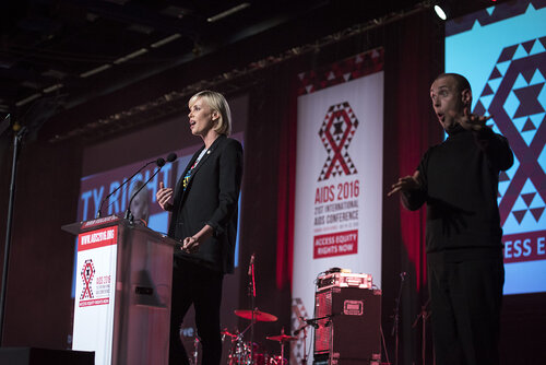 21st International AIDS Conference (AIDS 2016), Durban, South Africa.
Photo shows Charlize Theron, from the Charlize Theron Outreach Project, United States, speaking at the Opening Ceremony.
Photo©International AIDS Society/Steve Forrest/Workers' Photos