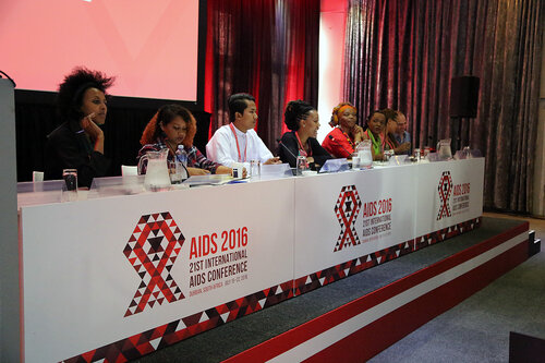 21st International AIDS Conference (AIDS 2016), Durban, South Africa.
Monday 18th July 2016, VENUE : Global Village - Room 1
GV MEET THE EXPERTS : GETTING A SEAT AT THE TABLE : YOUNG LEADERS SHARE THE HIGHS AND LOWS OF LEADERSHIP AND ACCOUNTABILITY (MOGS01)

Meheret Melles (USA)
L'Orangelis Thomas Negron (Puerto Rico)
Myo Thet OO (Myanmar)
Ebony Johnson (USA)
Jacquelyne Alesi (Uganda)
Linda Mafu (South Africa)
Nicolas Ndayizeye (Burundi) 
Georgina Caswell (South African Translator)
Raoul Fransen Dos Santos (Netherlands)

Photo©International AIDS Society/Abhi Indrarajan