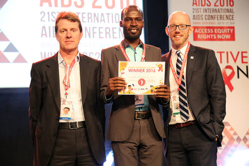 21st International AIDS Conference (AIDS 2016), Durban, South Africa.
Monday 18th July 2016, VENUE : Global Village - Main Stage
Film Event : Every Footstep Counts Awards (MOCA18)
L-R : David Redfern, Andrew Tumuhameho, Owen Ryan
Photo©International AIDS Society/Abhi Indrarajan