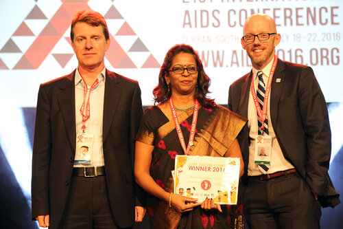 21st International AIDS Conference (AIDS 2016), Durban, South Africa.
Monday 18th July 2016, VENUE : Global Village - Main Stage
Film Event : Every Footstep Counts Awards (MOCA18)
L-R : David Redfern, Poornima Jayakrishna, Owen Ryan
Photo©International AIDS Society/Abhi Indrarajan