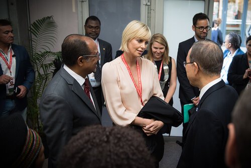 21st International AIDS Conference (AIDS 2016), Durban, South Africa. Photo shows: Official AIDS 2016 Opening Press Conference. Charlize Theron and Ban Ki-moon. Photo©International AIDS Society/Marcus Rose