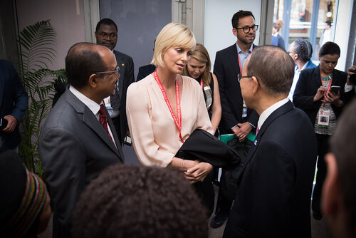 21st International AIDS Conference (AIDS 2016), Durban, South Africa. Photo shows: Official AIDS 2016 Opening Press Conference. Charlize Theron and Ban Ki-moon. Photo©International AIDS Society/Marcus Rose