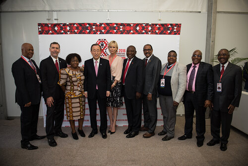 21st International AIDS Conference (AIDS 2016), Durban, South Africa. Photo shows: Official AIDS 2016 Opening Press Conference. (L-R) Jeff Radabe, Olive Shisana, Ban Ki-moon, Charlize Theron, Cyril Ramaphosa, Michel Sidibe, Aaron Motsoaledi, Willies Mchunu. Photo©International AIDS Society/Marcus Rose