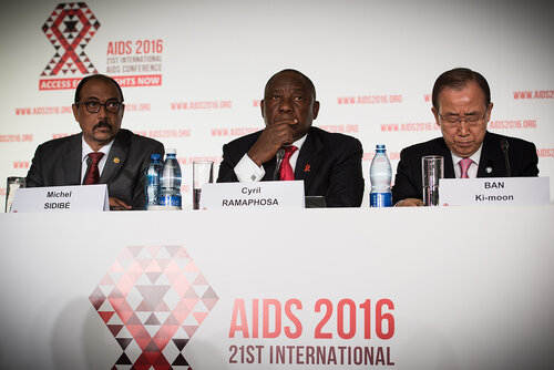 21st International AIDS Conference (AIDS 2016), Durban, South Africa. Photo shows: Official AIDS 2016 Opening Press Conference. (L-R) Michel Sidibe, Cyril Ramaphosa, Ban Ki-moon. Photo©International AIDS Society/Marcus Rose