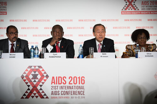 21st International AIDS Conference (AIDS 2016), Durban, South Africa. Photo shows: Official AIDS 2016 Opening Press Conference. (L-R) Michel Sidibe, Cyril Ramaphosa, Ban Ki-moon, Olive Shisana. Photo©International AIDS Society/Marcus Rose